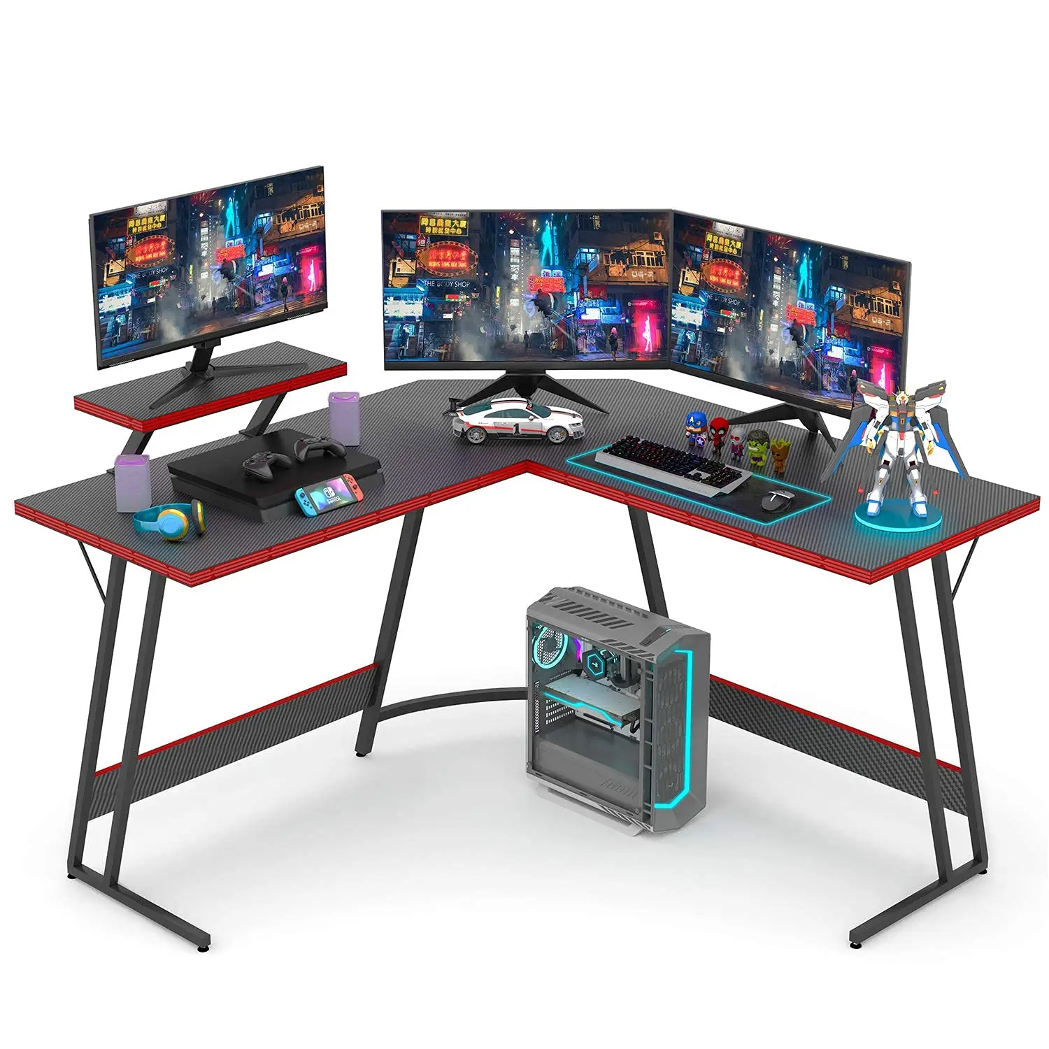 

L-Shaped Gaming Computer Desk 51in Corner Office Workstation with Monitor Stand Carbon Fiber Black, Customized