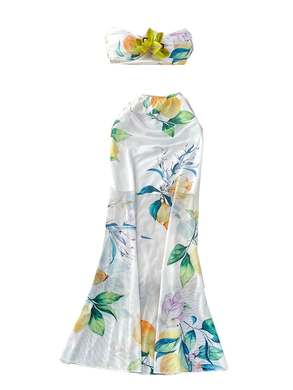 

Сексуальный топ на бретельках со съемным цветком для похудения в тайском стиле и длинной юбкой с принтом Fi Tail Ele, летний комплект Faion