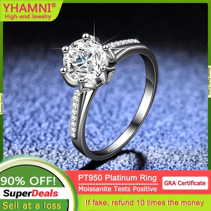 YHAMNI PT950 Platinum Ring Inlaid 1 Carat Moissanite Diamonds Side Stone Inlaid Zircon Ring Women Daily Wear Party Banquet Gifts