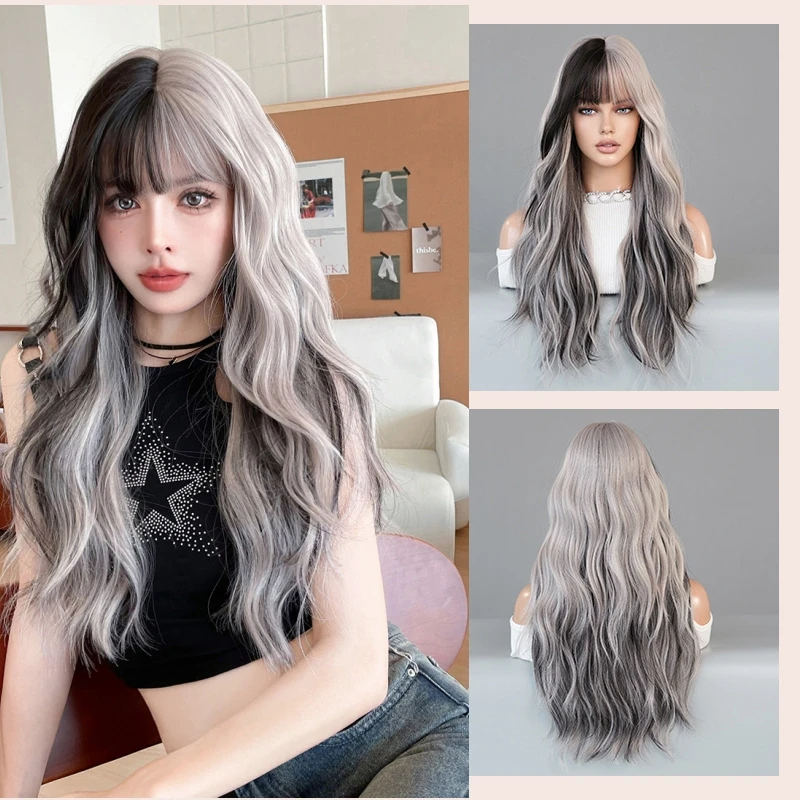 

68CM Wig Women Long Curly Hair Air Bangs Wave Highlights Silver Gray Pink Wig Chemical Fiber Simulation Whole Headgear Wholesale