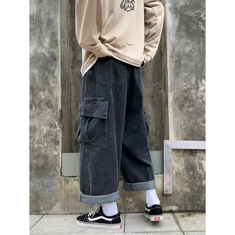 だぶだぶのジーンズメンズオーバーサイズストリートファッションワイドレッグカーゴパンツヒップホップ原宿マルチポケットデニムパンツブラックブルー