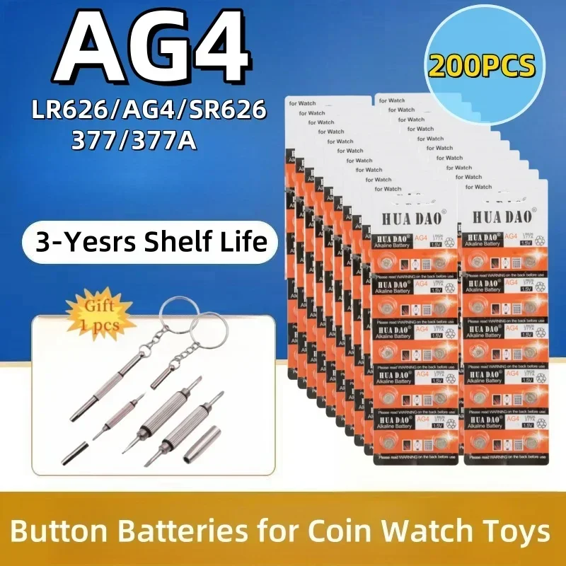 

New200PCS AG4 377 1.55V Button Batteries SR626SW SR626 Cell Coin Alkaline Battery 177 376 626A LR66 LR626 Watch Toys Clock