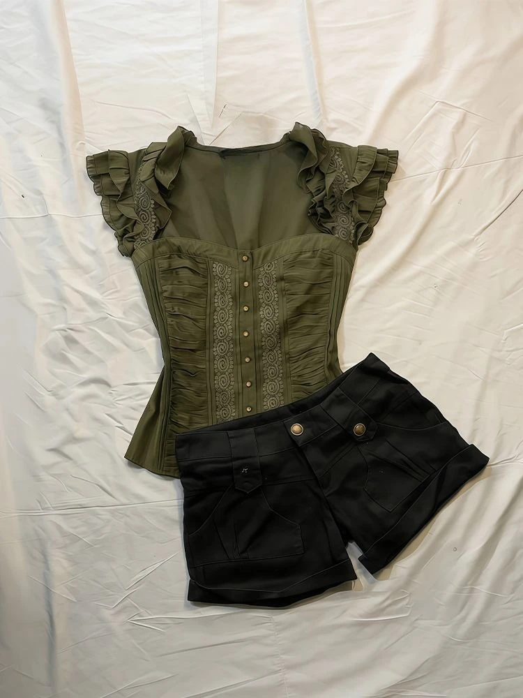 

Женский комплект в стиле Y2K: элегантный ретро-топ с кружевом и шорты с высокой талией, повседневный уличный стиль Harajuku Grunge