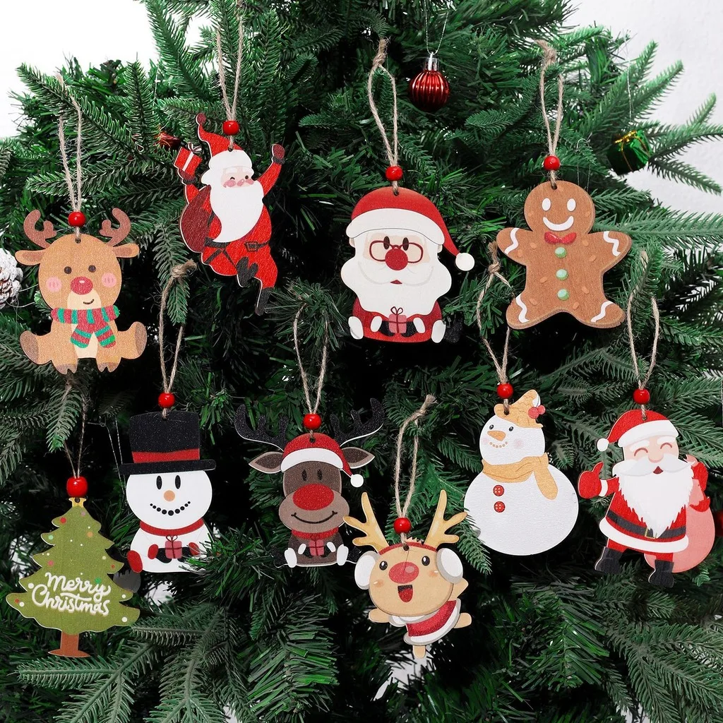 Wooden Christmas Hanging Ornament Cute Assorted Christmas Tree Pendant Decorative Tag for Indoor Outdoor Holiday Decoration