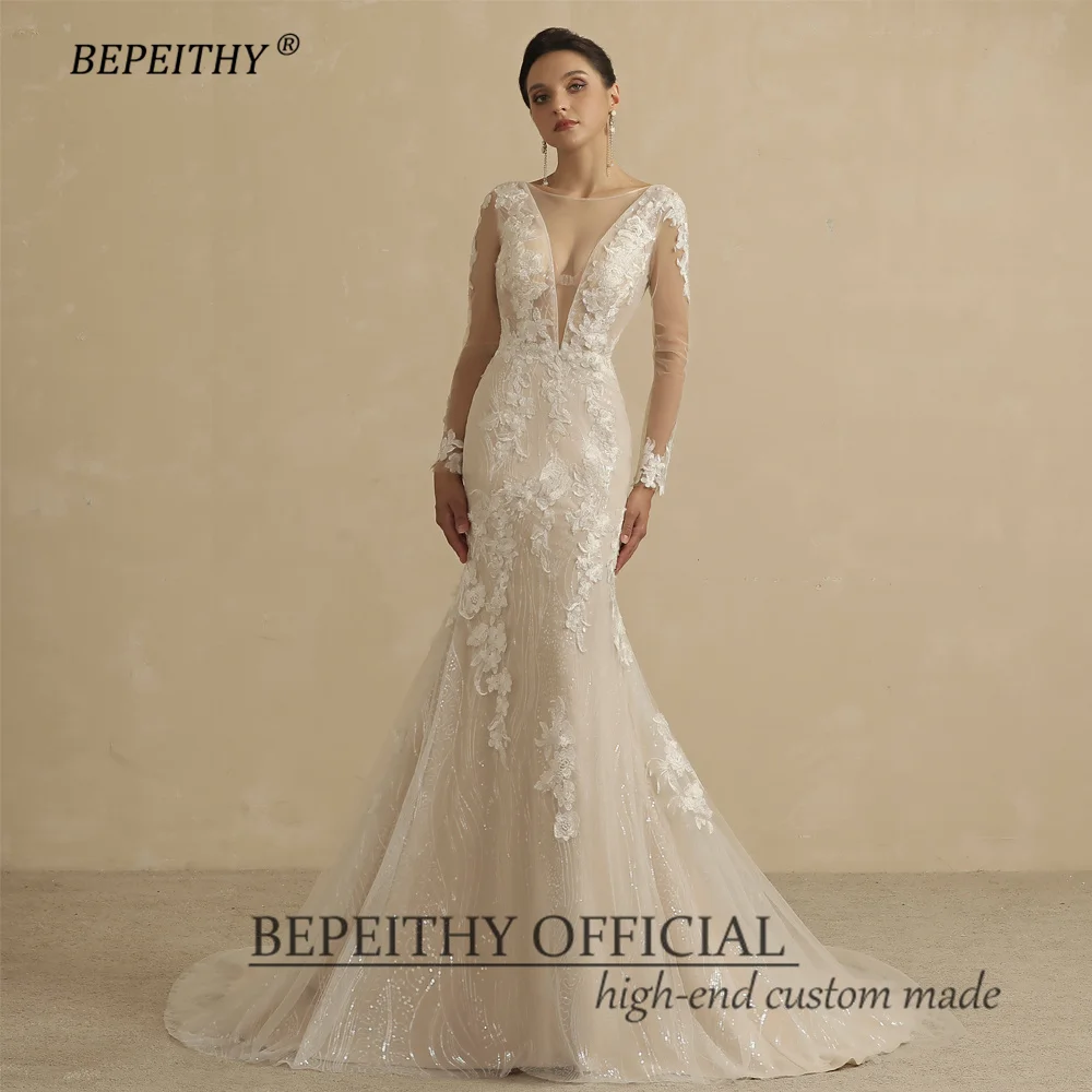 BEPEITHY Mermaid Champange Full Sleeves Lace Wedding Dresses For Women 2022 Bride Summer Sexy Open Back Bridal Boho Party Gown