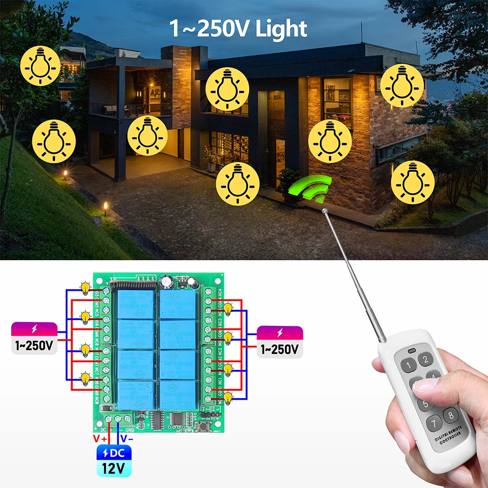 Universal Wireless Remote Control Switch RF 433MHz 8 CH DC 12V 10A Relay Receiver,500m Transmitter for Garage Door Motor Lamp