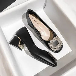 New Shoes for Women Spring Girl Square Heels Pumps Fashion High Heels Shoes OL Crystal Leather Casual Shoes 35-43