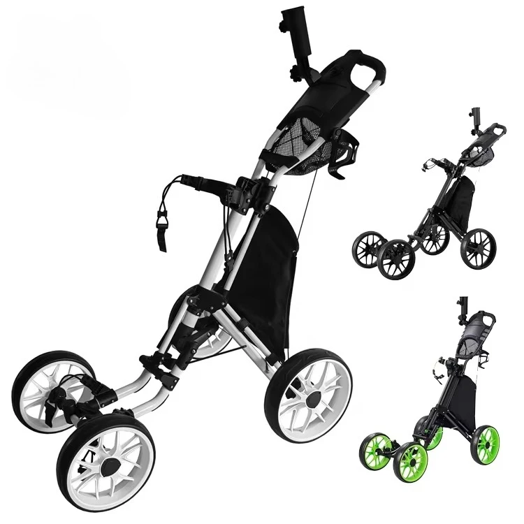 Factory Custom Your Logo Aluminum Folding Golf Trolley 4 Wheels Golf Push Pull Cart Compact Walking Golf Bag Cart with One-Click