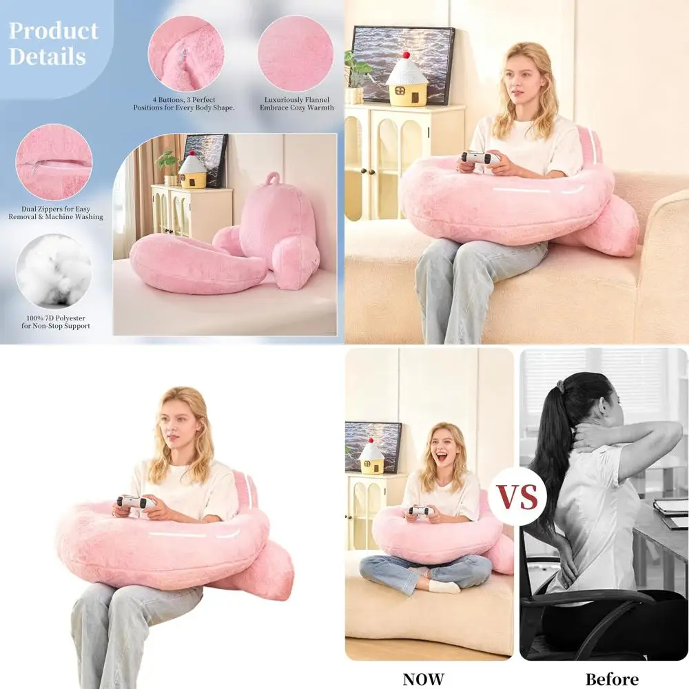 

U-Shaped Bed Pillow with Back and Arm Support, 19 Faux Rabbit Fur, Pink, Ideal for Reading, Gaming, and Watching TV