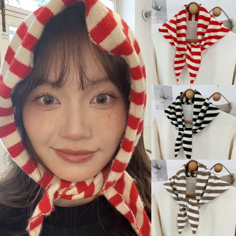 

Полосатый вязаный треугольный шарф, универсальный осенне-зимний теплый корейский треугольный платок, шейные шарфы, женский модный шарф-бандана