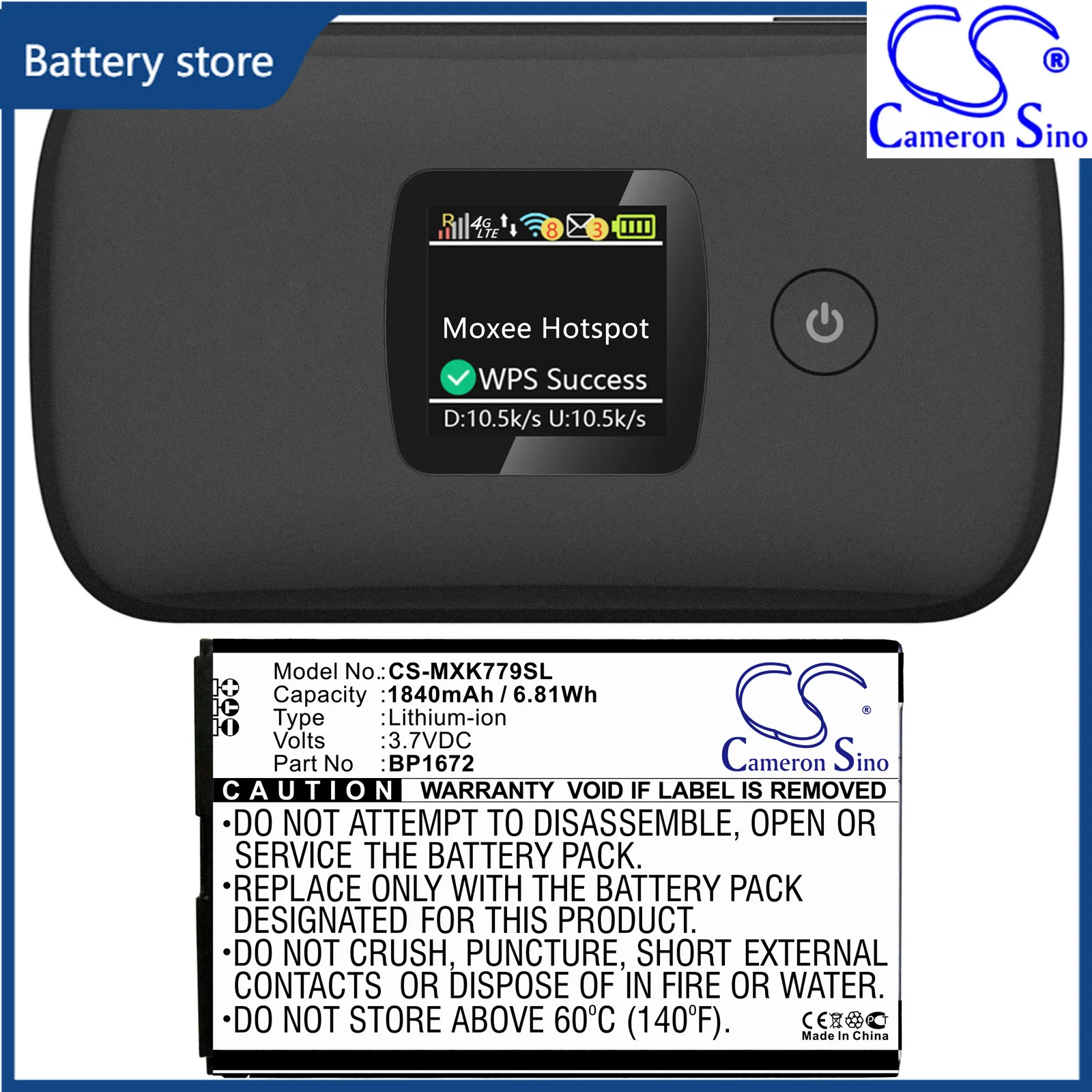 CS Replacement Battery for Moxee K779,K779HSDG_P,K779HSDL PN:BP1672 1840mAh / 6.81Wh