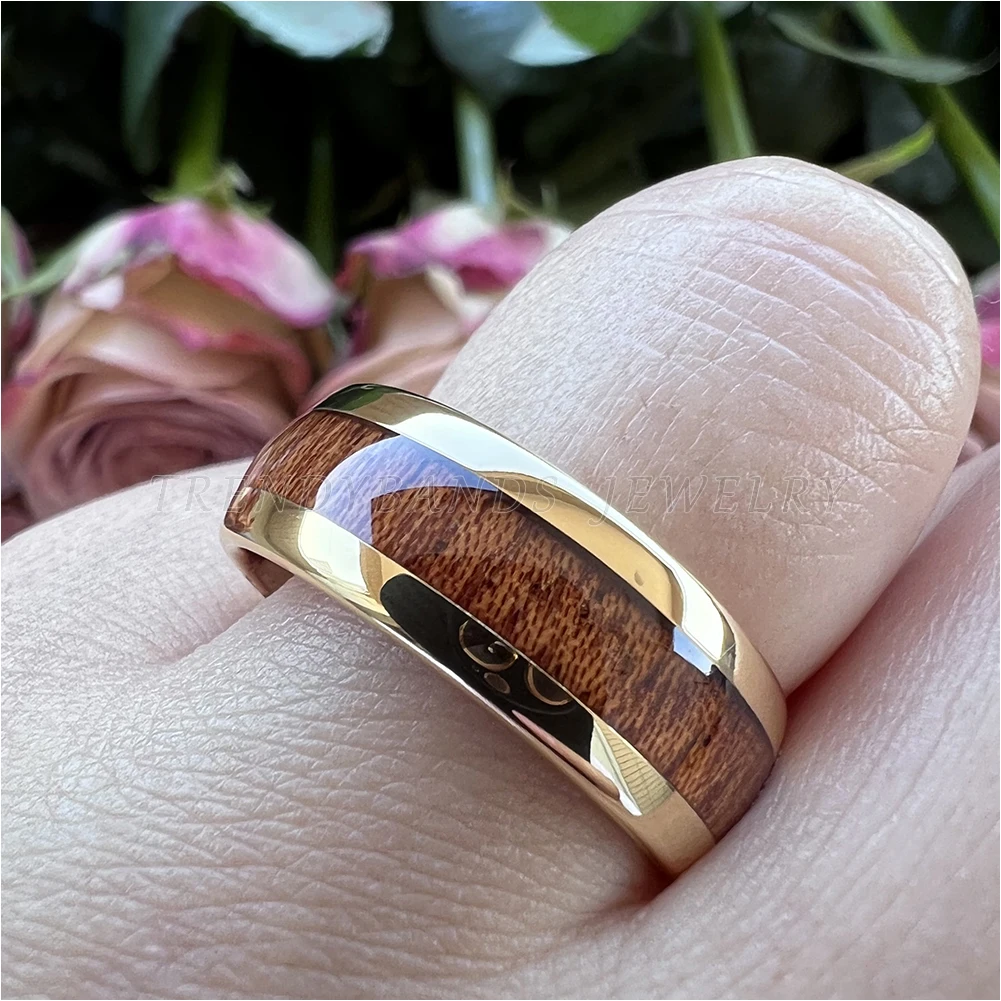 Ringe für Damen und Herren, Wolframkarbid, Ehering, Verlobung, Modeschmuck, Holzeinlage, gewölbt, poliert, glänzend, bequeme Passform – Detail 5