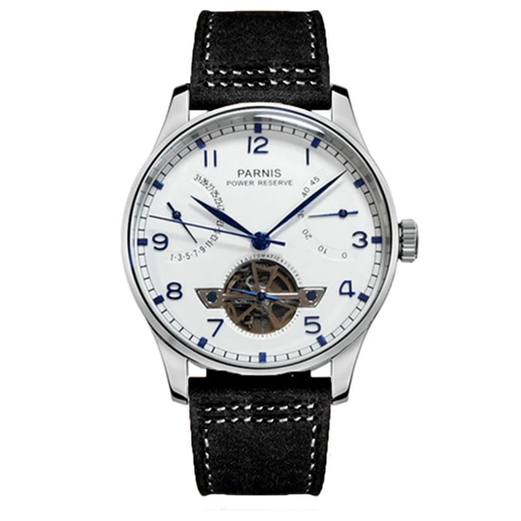 

Parnis 43mm Silver Case White Dial Seagull ST2505 Power Reserve Automatic Movement Leather Strap Men's Top Casual Watch