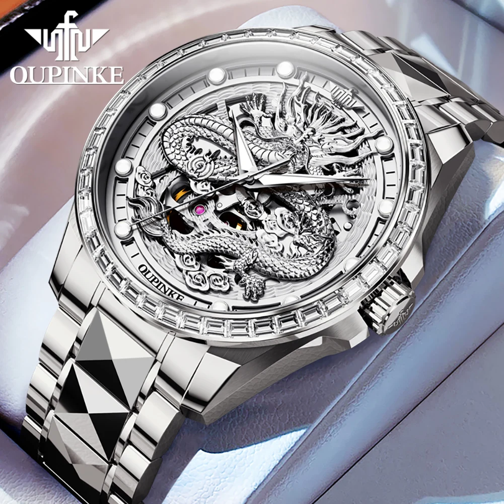 OUPINKE Luxury Silver Dragon Automatic Watch for Men Luminous Mechanical Watches Waterproof Sapphire Mirror reloj hombre