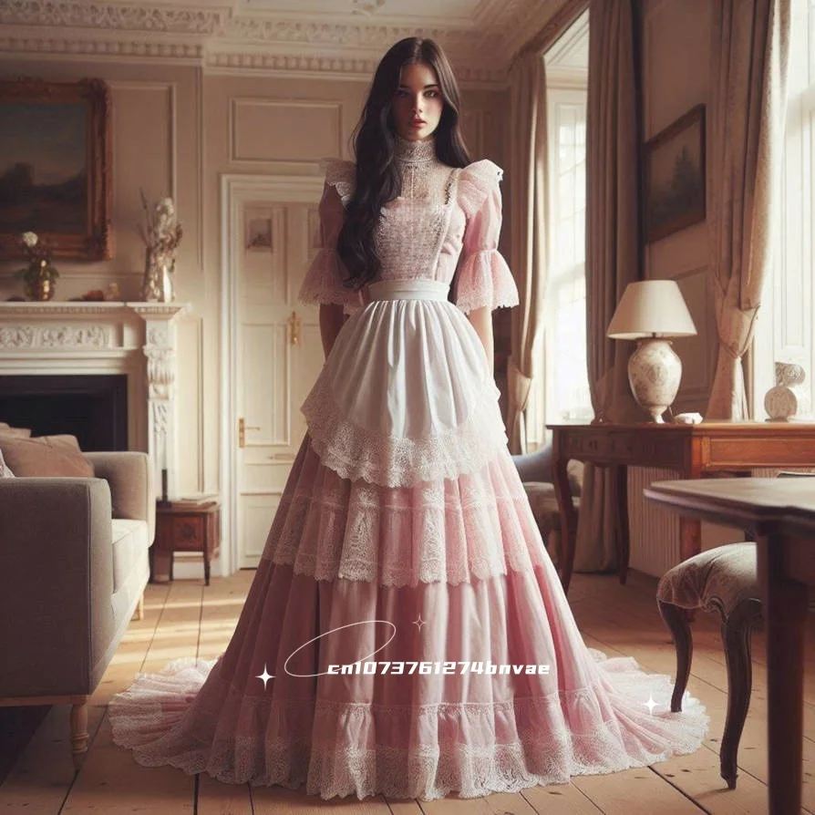 

Tiered A-Line Maid Prom Dress Floor Length Court Train Lace Ruffles half Sleeve Cosplay Party Gown Customized Masquerade Costume