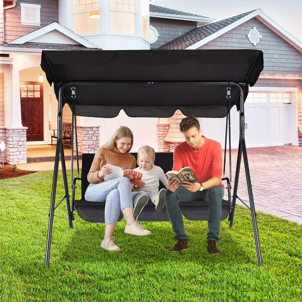 3-Seats Outdoor Patio Swing Chairs with Adjustable Tilt Canopy & Durable Steel Frame, Porch Swing Outdoor Swings for Adults