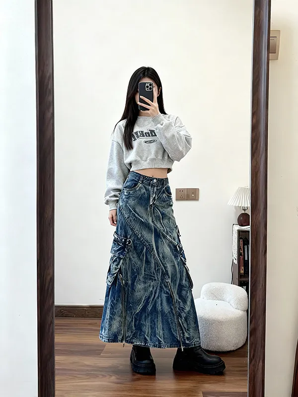 

Американская джинсовая юбка в стиле тай-дай с эффектом потертости, свободного кроя, с большими карманами и декоративной молнией, для женщин.