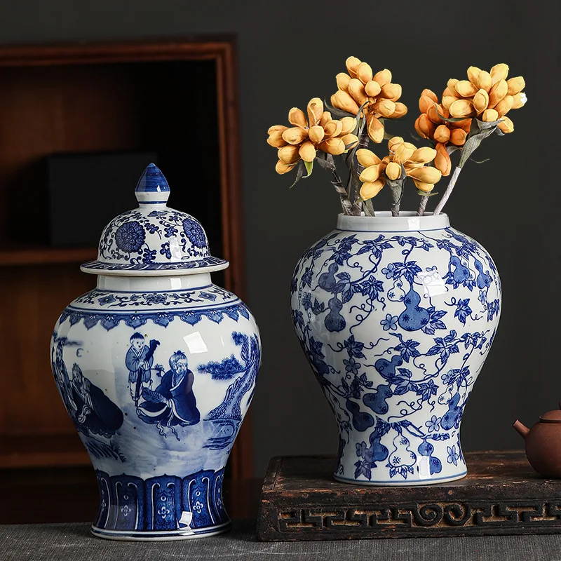 H37xW13cm Jingdezhen Vintage Blue-and-White Porcelain General Jar Chinese Ceramic Vase Ornament Living Room Decor Home Gift