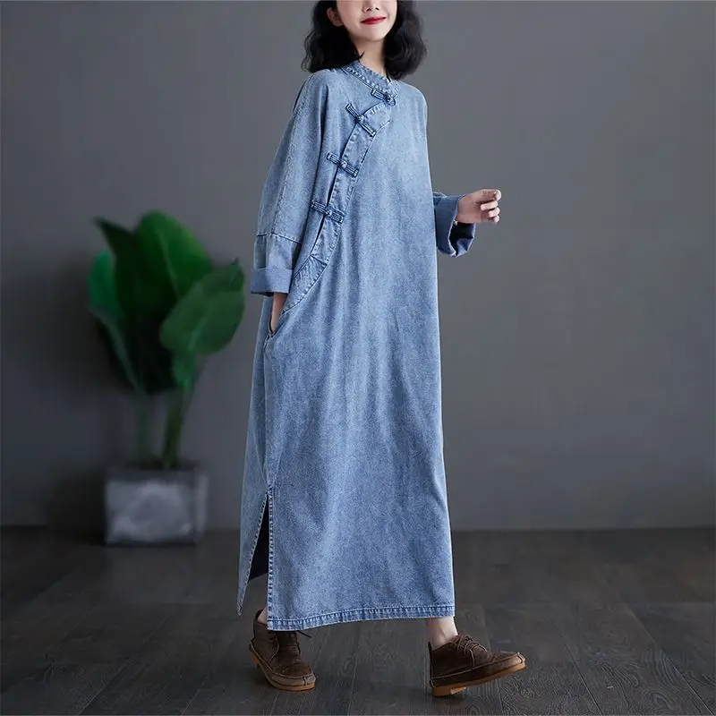 

Spring and Autumn New Women's Denim Dress Loose Retro Oversize Denim Long Dress