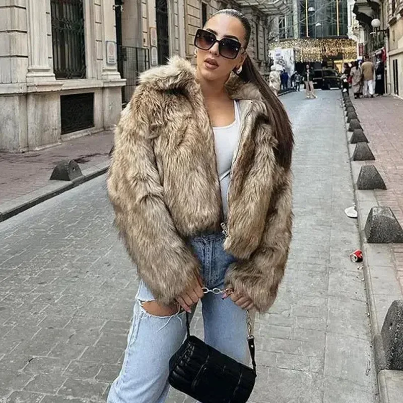 2024 Winter New Fluffy Fur Coat Women Casual Loose Lapel Long Sleeve Faux Fur Cropped Jacket Female Soft Thick Warm Outerwear