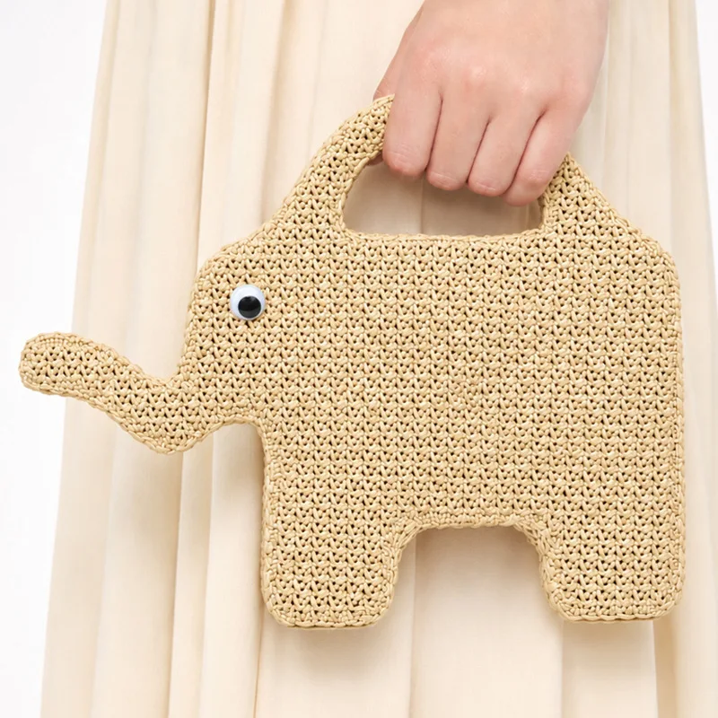 Funny Cute Elephant Pattern Pp Straw Woven Handbag 2026 New Style Hand-woven Women's Summer Boho Vacation Beach Bag  Sac A Main