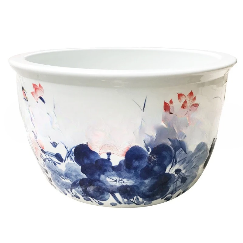 Ceramic extra-large flowerpot old-style blue-and-white painting of water lilies and lotus flowers
