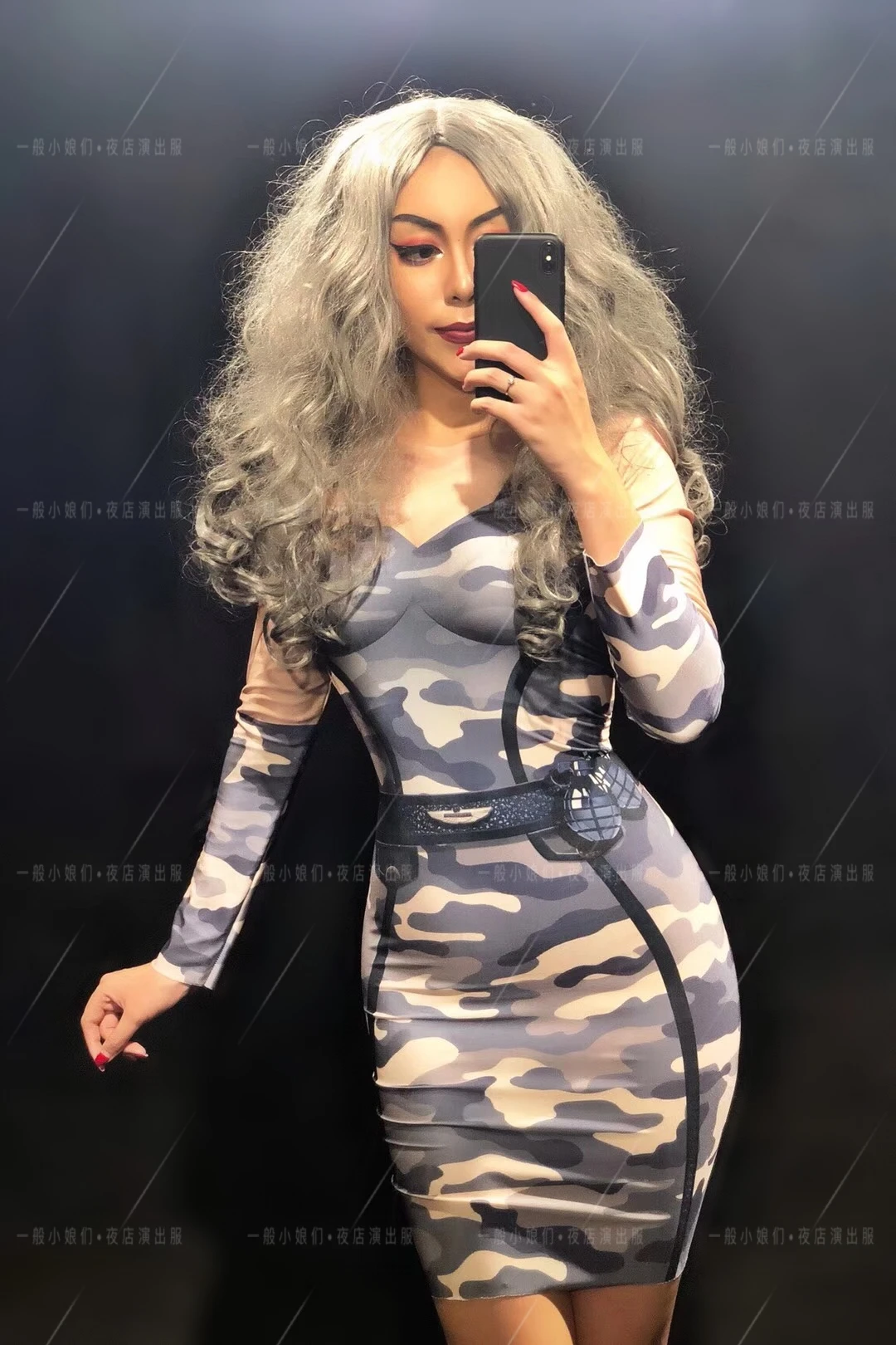 Nightclub Bar Fake Low Cut Long Sleeved Military Camouflage Wrapped Buttocks Dress for Women's Song DjDsGoGo Performance Costume