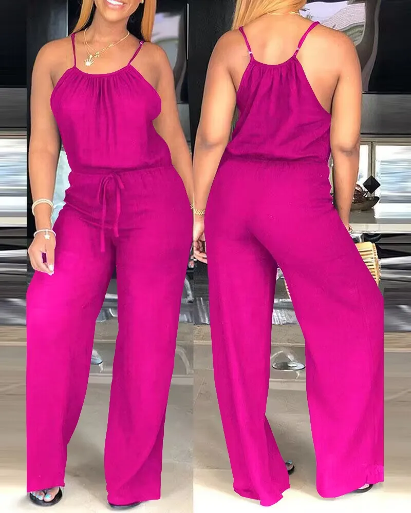 Women's Casual Monochromatic Jumpsuit Spaghetti Strap Drawstring