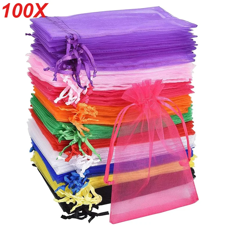 100PCS Organza Bags Mixed Color Mesh Organza Jewelry Bags Small Drawstring Favor Pouches Christmas Candy Wedding Birthday