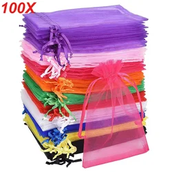 100PCS Organza Bags Mixed Color Mesh Organza Jewelry Bags Small Drawstring Favor Pouches Christmas Candy Wedding Birthday