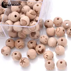 10Pcs 16mm Beech Wooden Natural Round Loose Beads Double-sided Carving Patter Ball Beads for Bracelet Accessories Jewelry Making