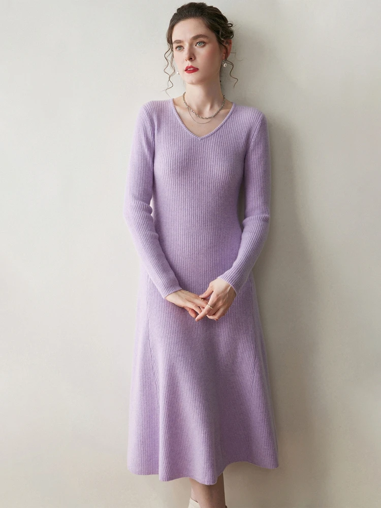 

Autumn Winter Women V-neck 100% Cashmere Pullover Knit Dress Knee-Length Versatile Basic Skirt Elegant High-end Office Lady