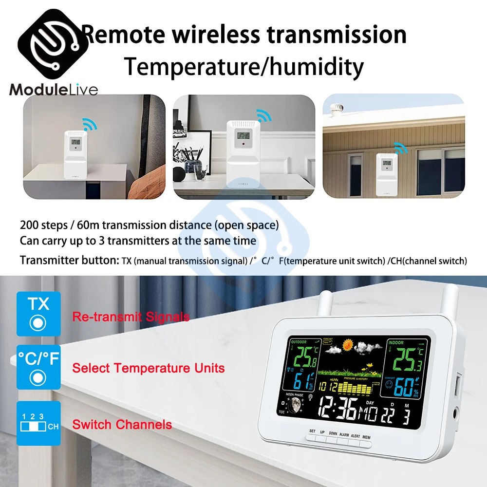 WIFI bezprzewodowy termometr inteligentny elektryczny LCD termometr higrometr cyfrowy Radio stacja pogodowa zegary 12H 24H na zewnątrz wewnątrz