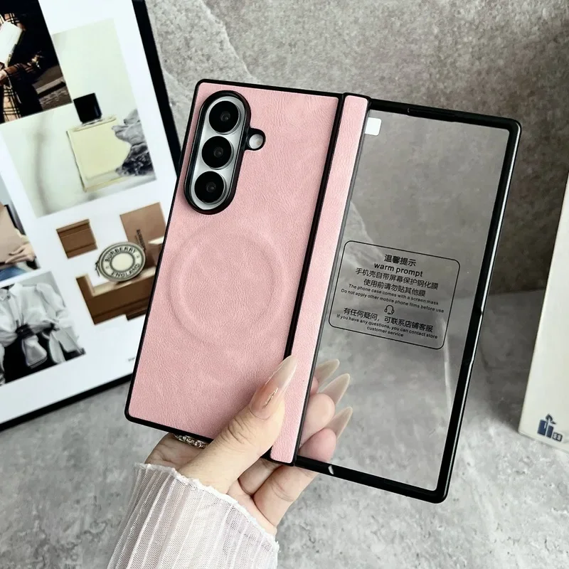 Für Samsung Galaxy Z Fold 7 6 5 4 3 Fold7 Fold6 Magsafe Telefon Fall Film Leder Scharnier Falten Drahtlose lade Magnetische Abdeckung