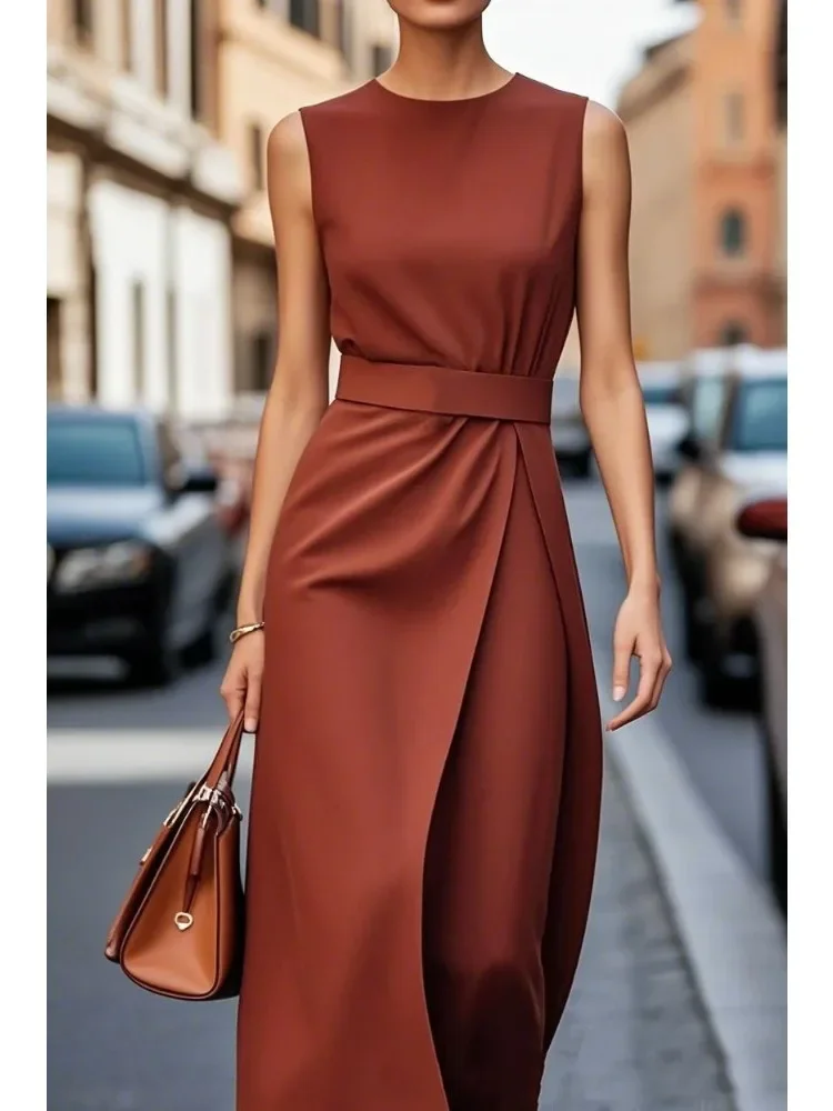 Moda damska plus size Bez rękawów Okrągły dekolt Sukienka w jednolitym kolorze Biurowe damskie Slim Fit O-neck Casualowa długa sukienka dla kobiet