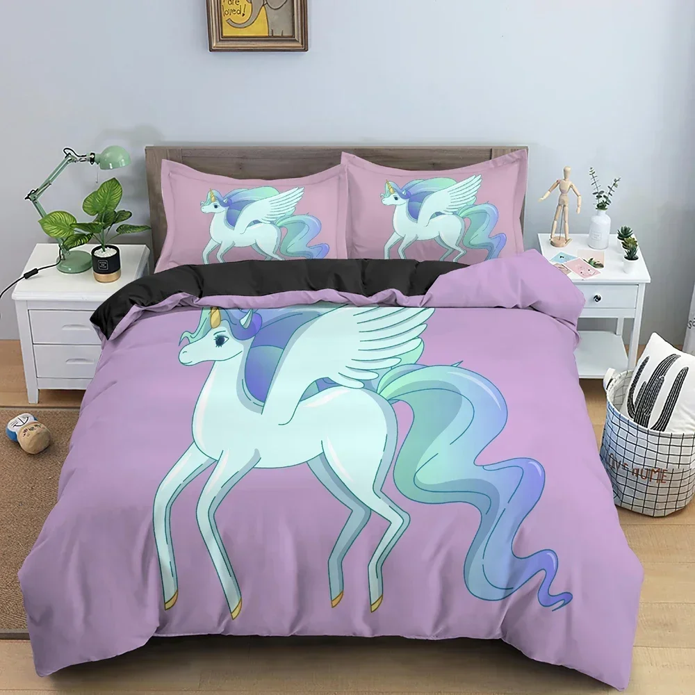 3D Cartoon Unicorn Comfortable Duvet Quilt Cover Pillowcase Bedding Set Children Bedroom Decoration Home Textile