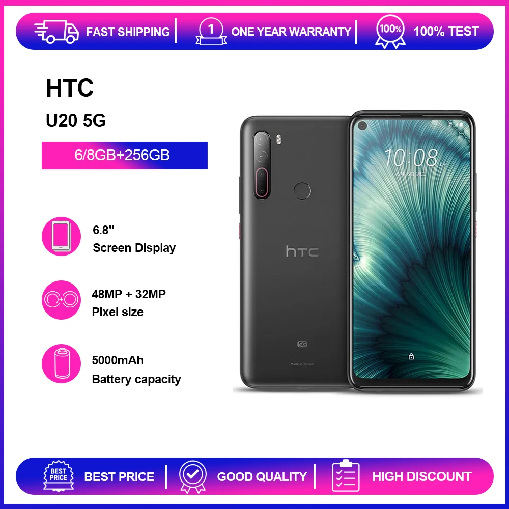 HTC U20 5G الهاتف المحمول الأصلي 6.8 بوصة IPS LCD 128GB 6GB RAM بلوتوث بصمة الهاتف المحمول