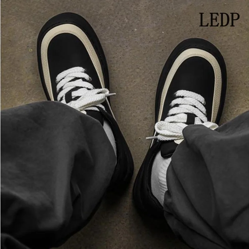 LEDP Brand Men's Casual Board Shoes 2024 Ins Korean Version of The Black Trend All Matching Thick Sole Increase Lace-up Shoes