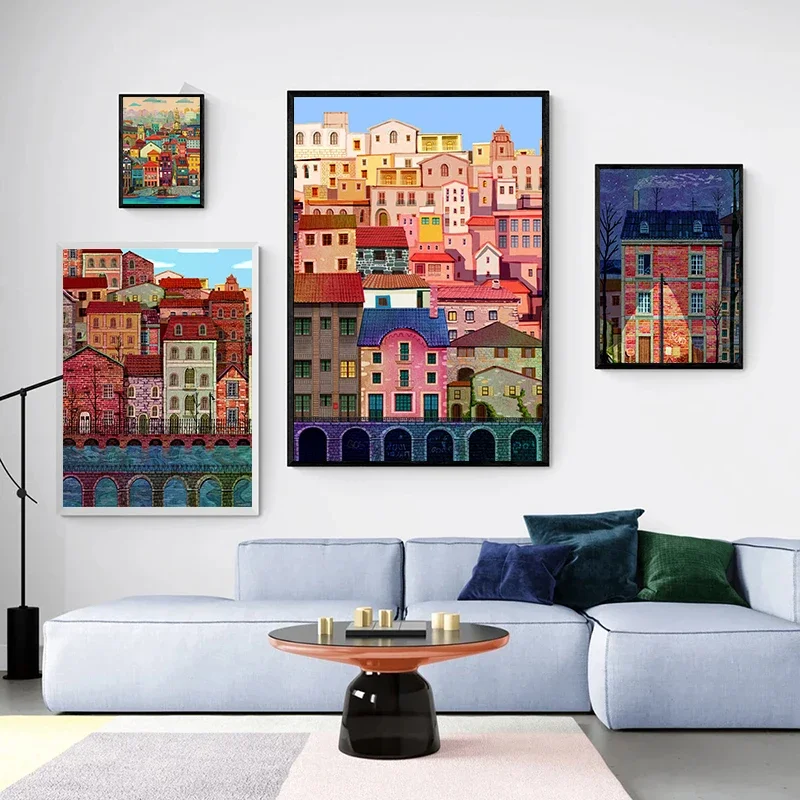 Modern Famous Colorful House Vintage Poster City Landscape Nordic Canvas Print Painting Wall Art Picture Home Decor No Frame