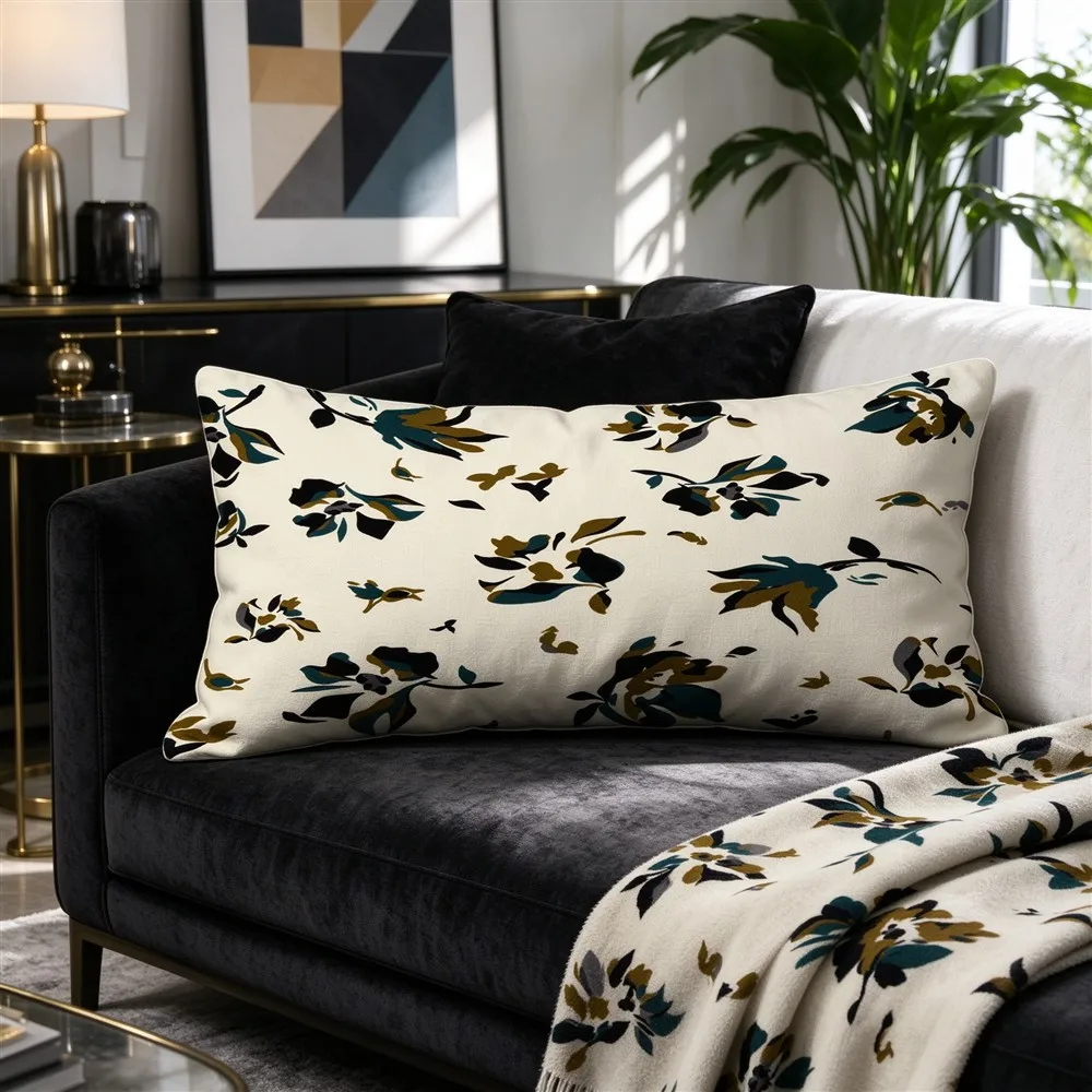 White Black Bird Floral Print Long Pillow Cover, Decorative Style, Boutique Decorative, Polyester, Special Occasion, Versatile
