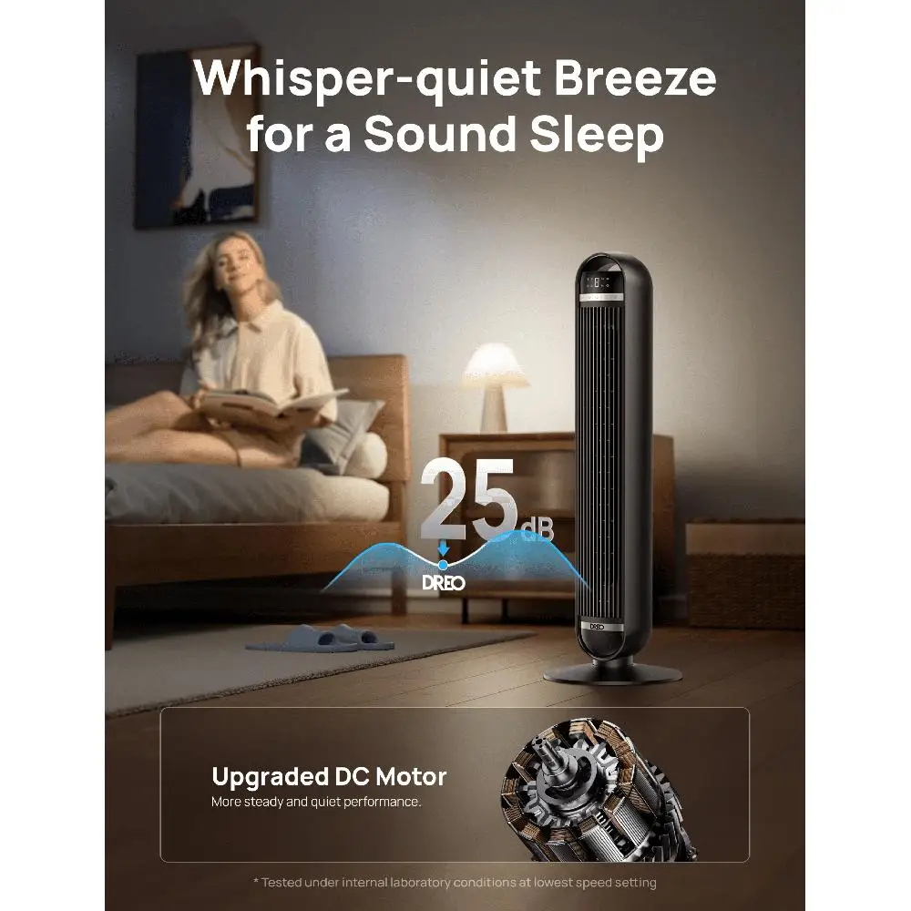 พัดลมทาวเวอร์เงียบ 27 ฟุต/วินาที รีโมทคอนโทรลการไหลของอากาศ 90 °   การสั่น 8 ความเร็ว 4 โหมดตัวจับเวลาพัดลมตั้งพื้นในร่ม