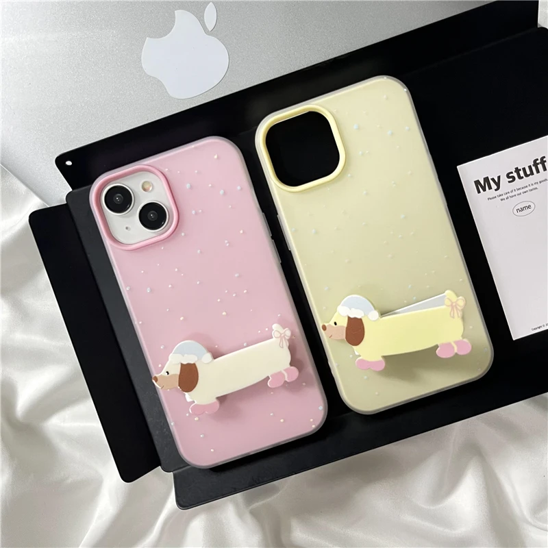 Cute cartoon Dachshund puppy phone case For iPhone 15 13 14 12 Pro Max Stand Splash Ink All included drop proof phone case