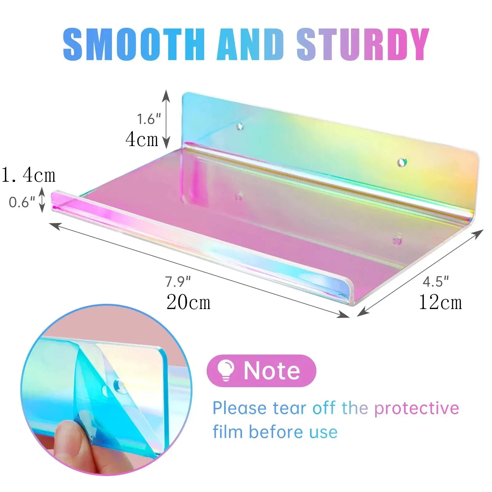 2-Pack Medium Iridescent Acrylic Floating Shelves with Edge, Ledge Shelf Adhesive & Screw Wall Mounting Phone Holder Shelf