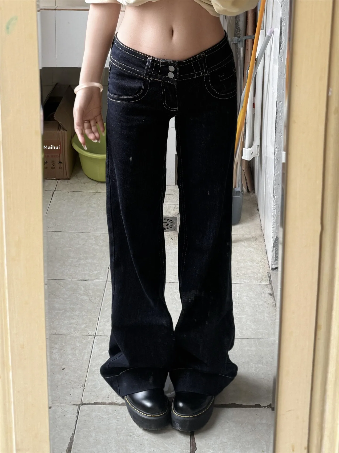 

Женские расклешенные джинсы с низкой посадкой в винтажном стиле, весна-лето, свободные, стройнящие, повседневные, в пол, из хлопкового денима