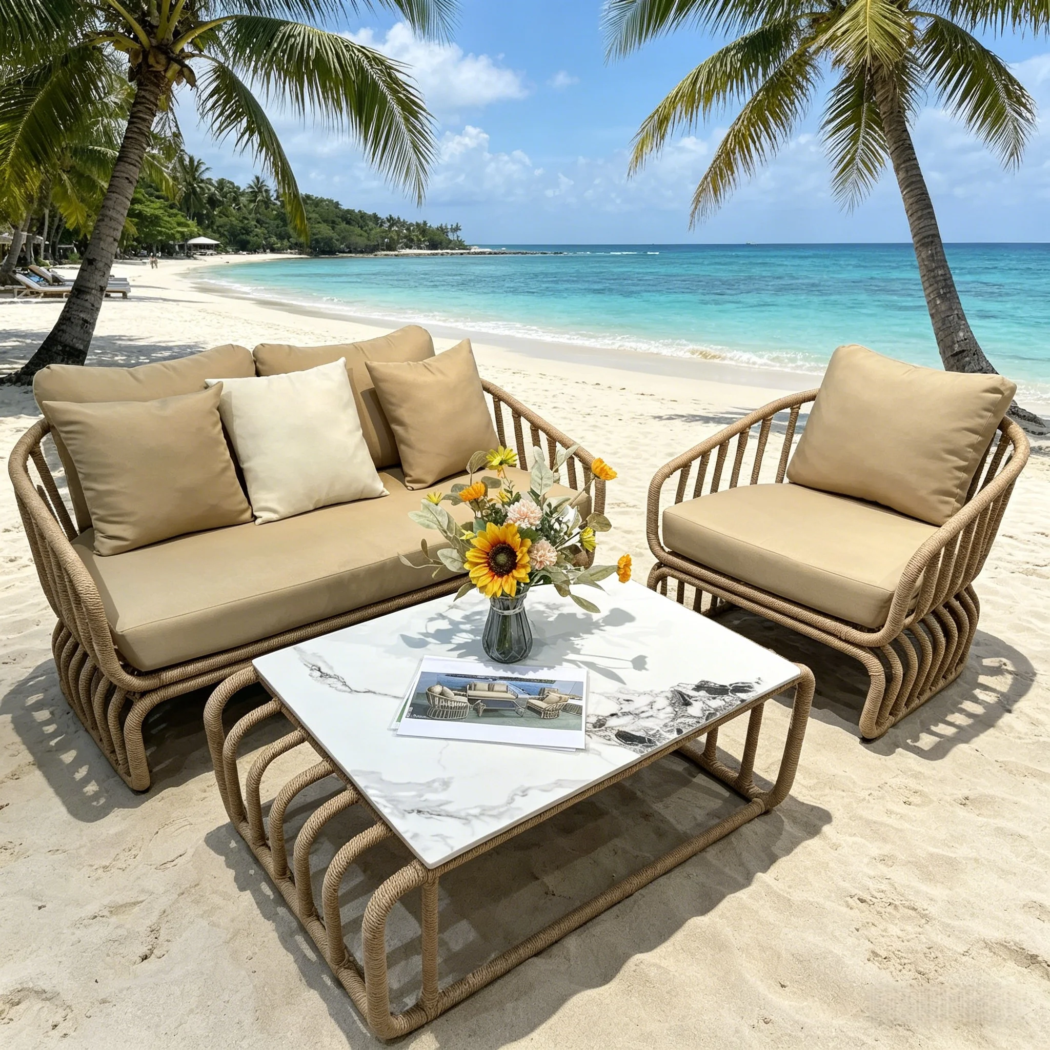 

Nordic Aluminum Alloy Braided Rope Outdoor Dining Sofa Set for Courtyard Balcony Garden with Hotel-Style Chairs