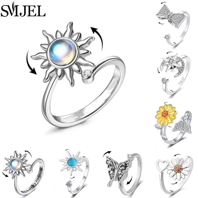 Luxury Crystal Sun Charm Anxiety Relief Spinning Fidget Ring for Girl Fashion Butterfly Animal Knuckle Rings Anti Stress Jewelry