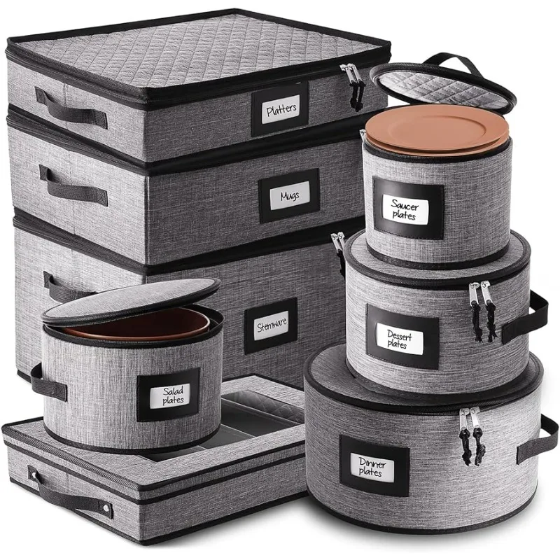 

Fine China Storage Containers Hard Shell, Dish Platter and Wine Glass Box with Dividers, Durable 8 Piece