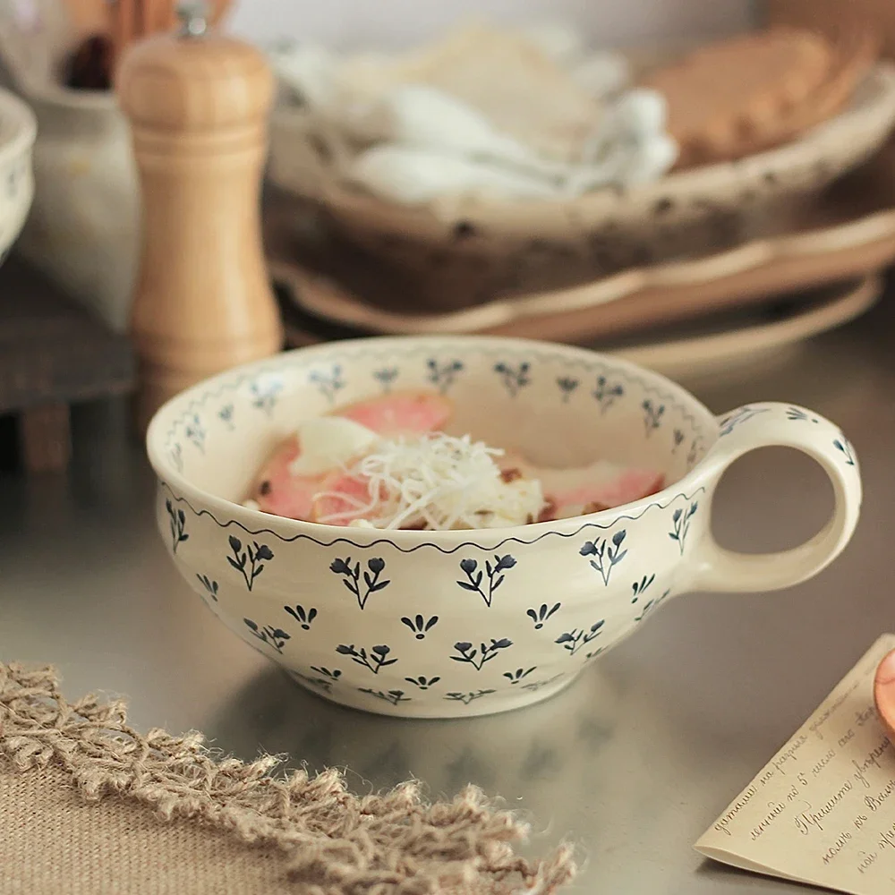 Korean Style Ins Floral Porcelain Bowl Delicate Handgrip Homehold Food Container Breakfast Milk Oats Fruit Salad Bowls
