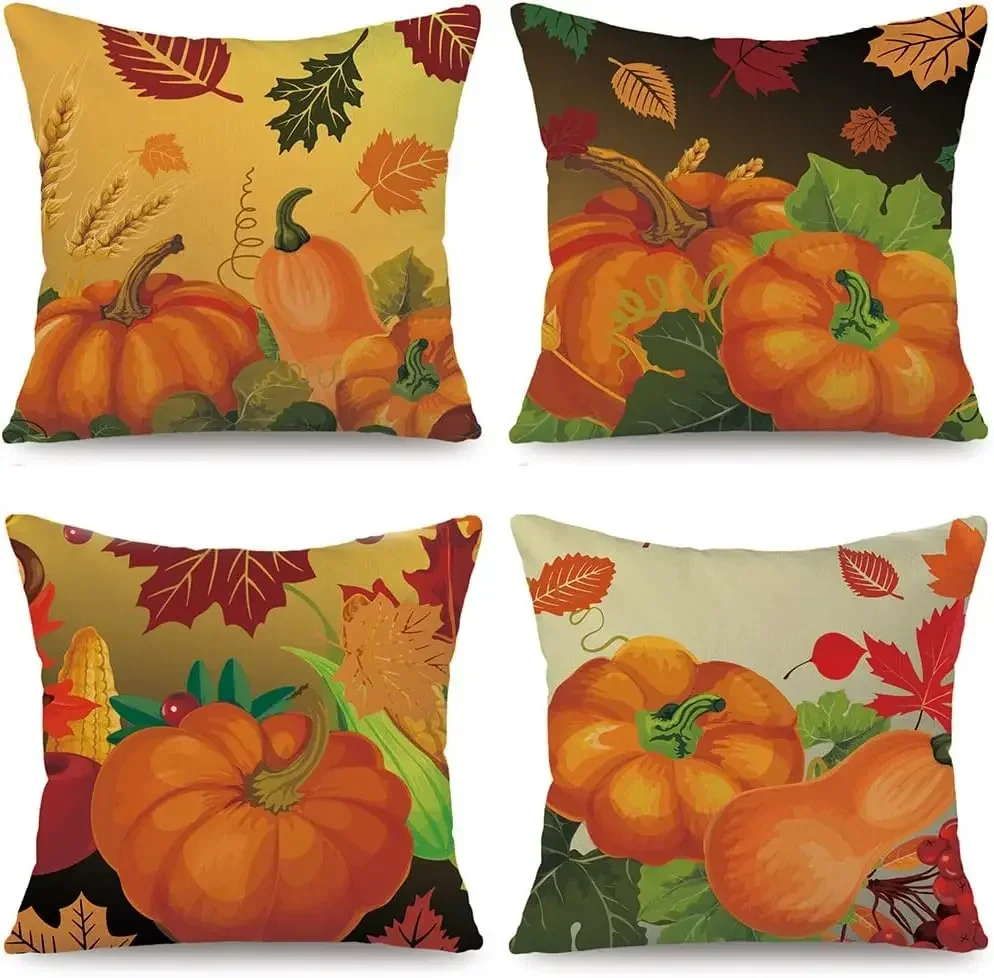 Autumn cushion cover, 45 x 45 cm, pumpkin pattern, maple leaf autumn decoration, used for home sofa, bedroom, pillow cover