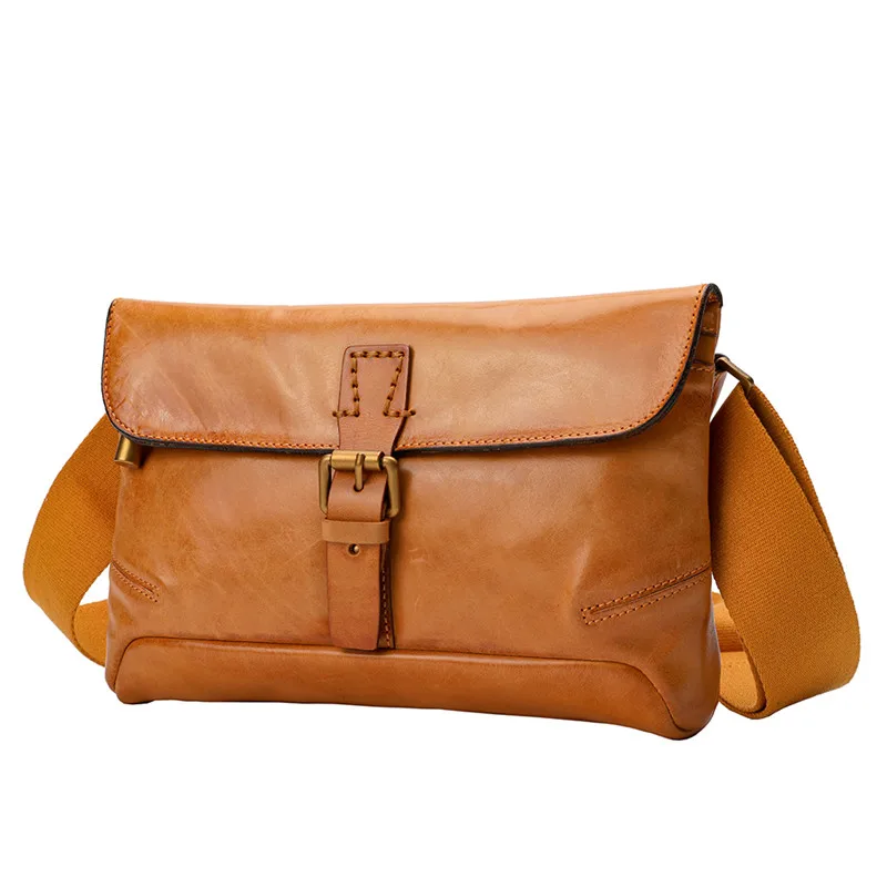 outdoor daily luxury handmade cow leather men's shoulder bag casual vintage genuine leather wide shoulder strap crossbody bag